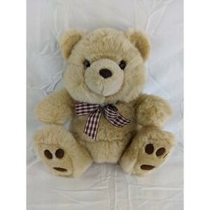 A&A Tan Bear Plush 10 Inch Maroon Checkered Bow Stuffed Animal Toy